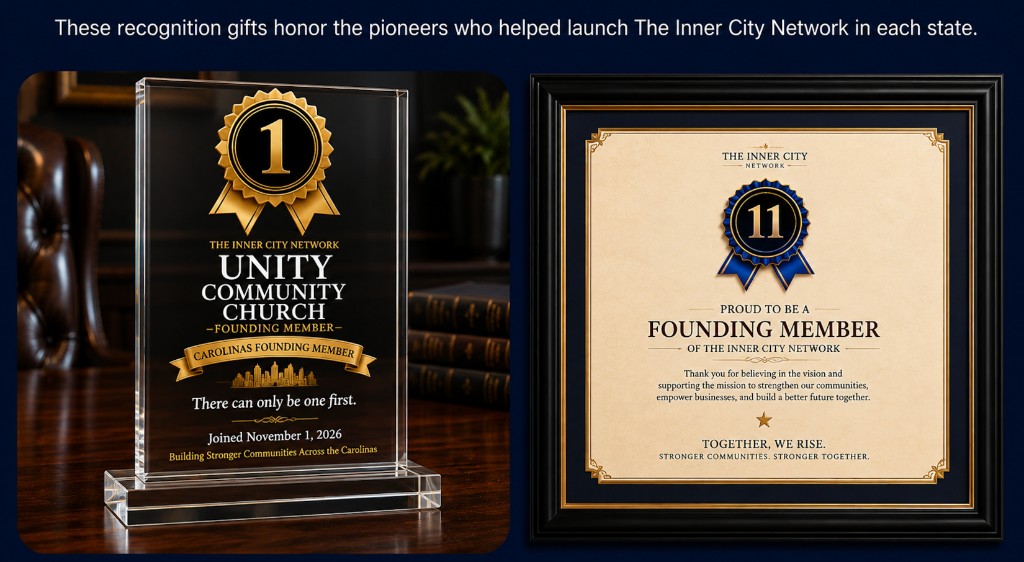 Recognition gifts: Premium acrylic Founding Top 10 award with gold badge #1, and Official framed Founding Member certificate with blue badge #11.